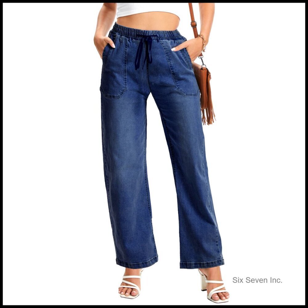 Wide Leg Stretch Jeans High Waisted Baggy Straight Leg Casual Pull On Trousers